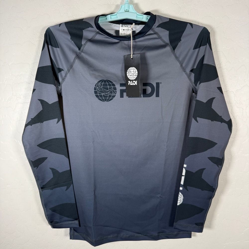 PADI Rash Guard Mens Small Gray Shark Camo Long Sleeve Recycled Diving Surf UPF